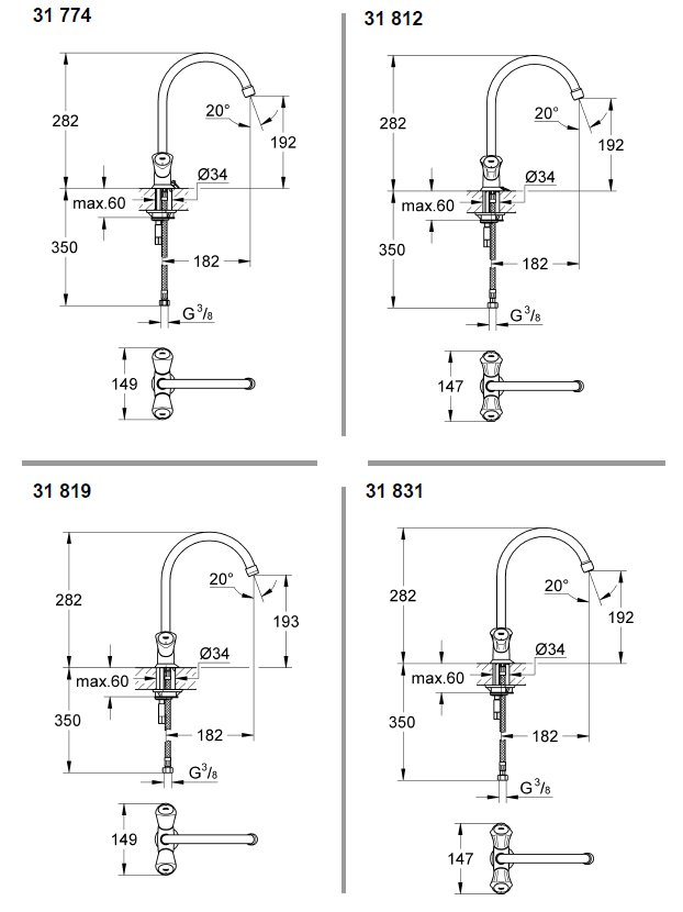 Габаритные размеры смесителей Grohe Costa