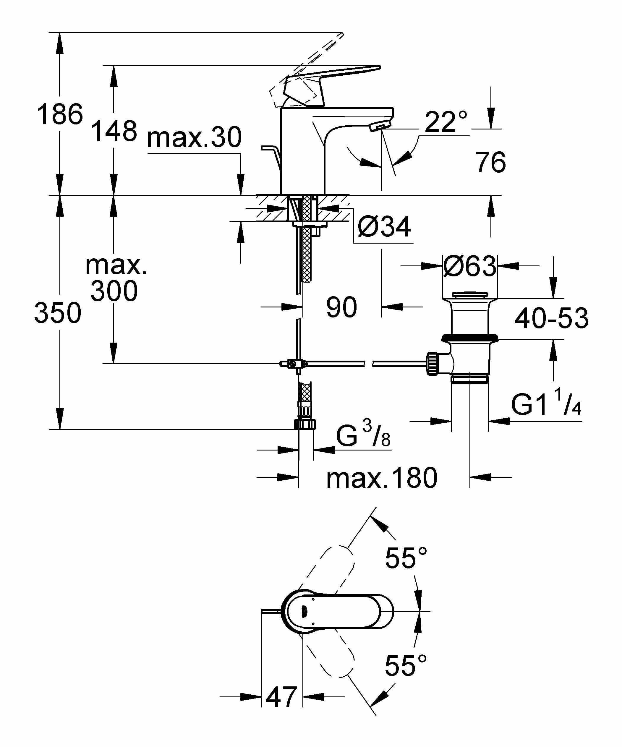 Grohe Eurosmart Cosmopolitan 32825000 - габаритные размеры